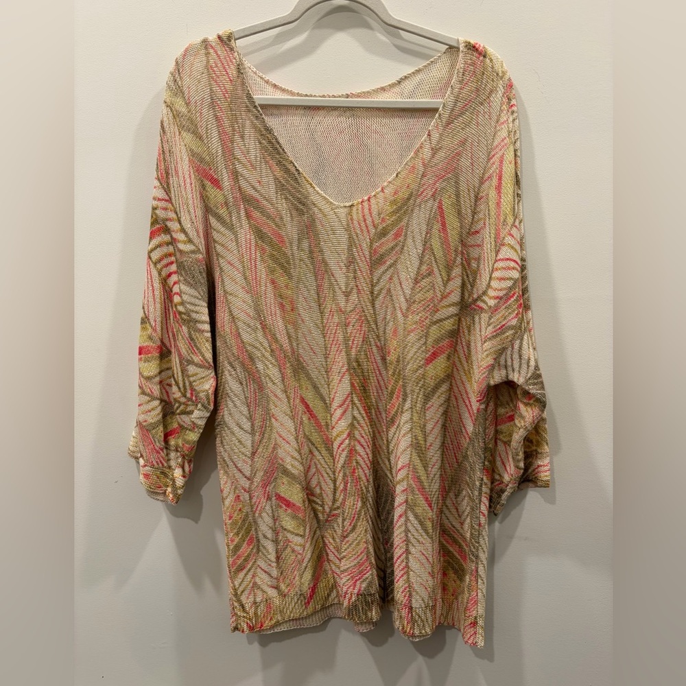 Chico's Beige Knit Tunic with Pink and Olive Leaf Motif
